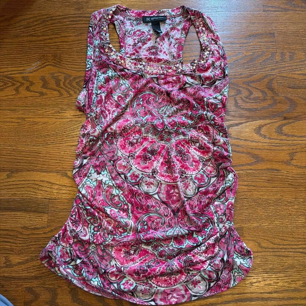 INC 2000s Y2K pink paisley print sequin top size L
